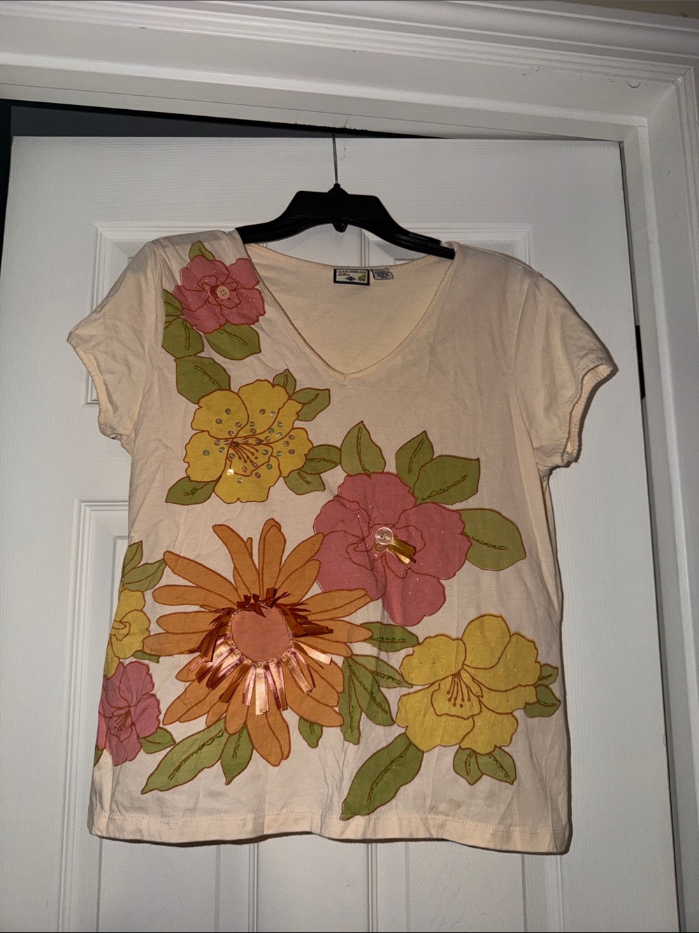 Caribbean Joe Pale Cream Cotton Tee with Logo Label